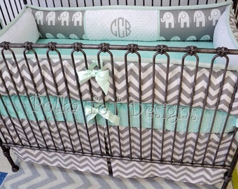 Elephant Gray & Mint Baby Bedding Perfect for a gender neutral nursery Choose Bumper or Rail Guard for your Set!