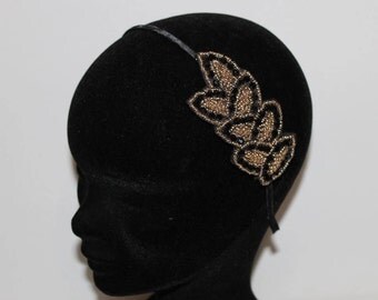 Vintage retro headband bridal wedding evening embroidered bridal wedding black gold beads Serre tête brodé de perles noires et or