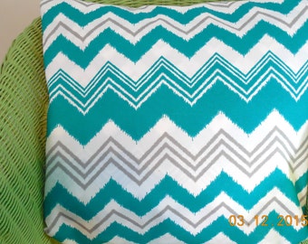 Turquoise Chevron Outdoor Pillow Cover Abstract Zig Zag Premier Fabric Gray Teal Decorative Throw Pillow