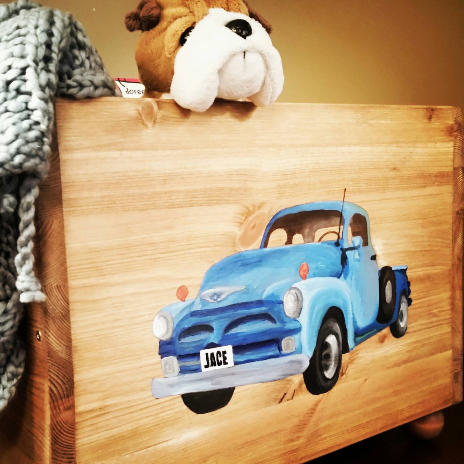 Personalized boy's room decor, Hand painted truck toy box, Book box with customized license plate, New baby gift, Gifts for little boys, Box