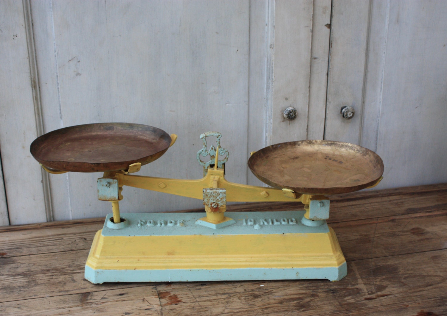 Vintage Set of French Kitchen Balance Scales with Copper Scale