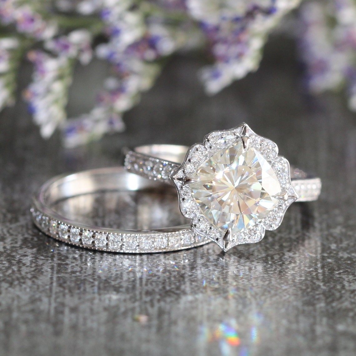 Bridal Set Moissanite Floral Engagement Ring and by LaMoreDesign