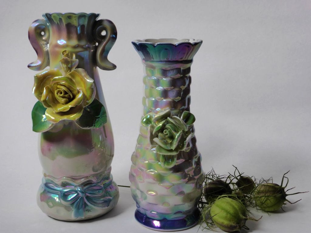 Pair of Vintage Lusterware Vases with Yellow & Green Sculpted