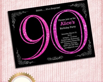 90th Birthday Invitation. Adult Pink Glitter Birthday Invitation. Women Birthday Party. Adult Surprise Birthday.Elegant. - Printable DIY