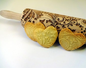 SPRING Embossing Rolling Pin. FLOWERS pattern. Engraved rolling pin with flowers and butterflies for embossed cookies