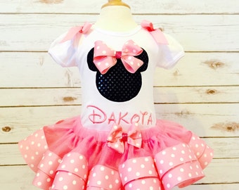 Minnie Mouse birthday outfit ribbon tutu and embroidered minnie shirt with bows pink polka dot tutu