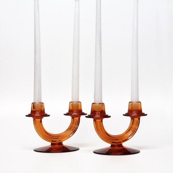 2 Vintage amber glass dual double candle holders