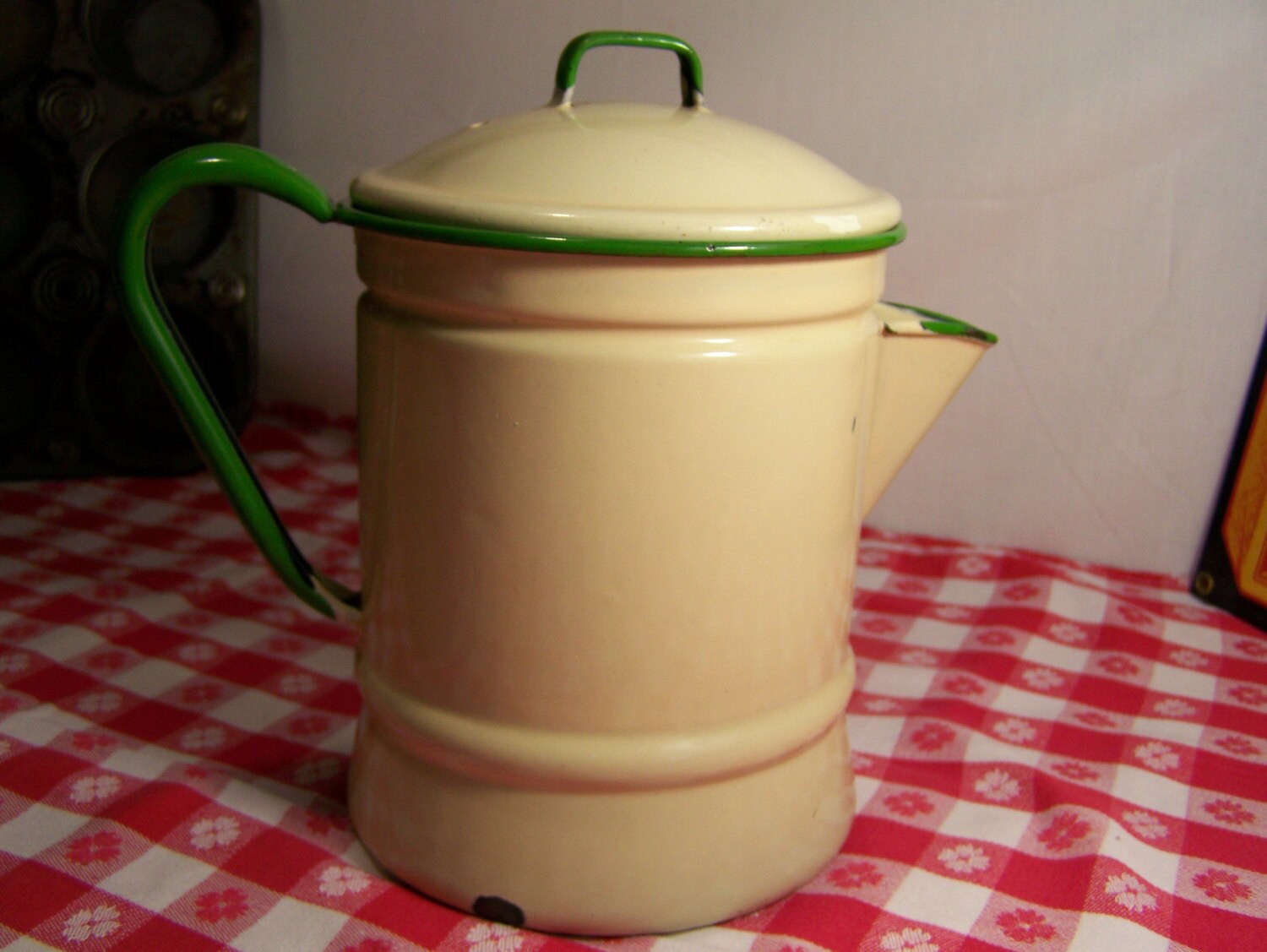 1930’s Rustic Enamel Coffee Pot Boiler French Cream and Kelly Green Camping, Country Farm House