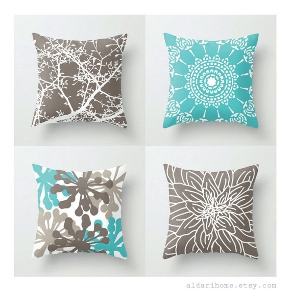 Modern Turquoise and Brown Pillows / Set of 4 Pillow by AldariHome