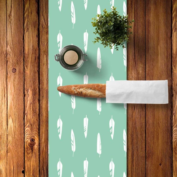 Feathers Table Runner, Rustic Table Runner, Rustic Dining Room, Spring Table Runner, Scandinavian Dining Room, Mint Table Runner