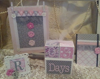 Baby Shower Gift Set, Custom Age Blocks, Memory Journal, Picture Frame, Baby Countdown Blocks, Baby Age Blocks, Pink and Grey