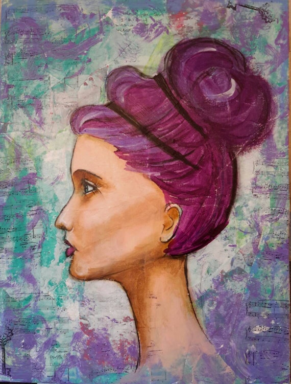 Mixed Media Original Whimsical Face Art Notecard by CoolMamaCrafts