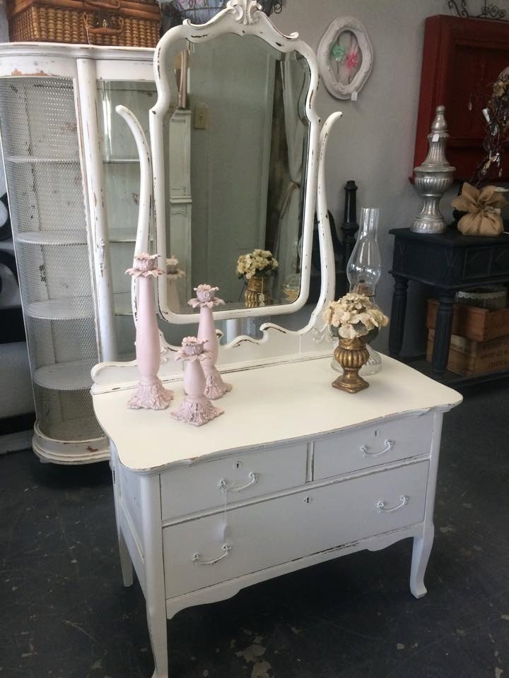 vintage french style 3 drawer white dresser with mirror