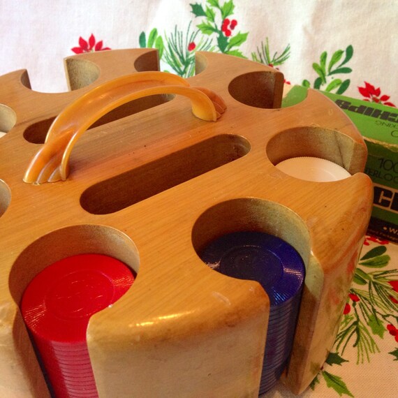 Vintage poker chip holder wood with bakelite by Horsespatoot