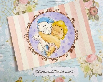Hercules and Pagasus - Handpainted postcard.