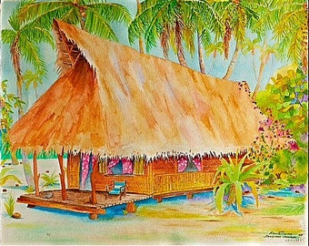 Tahiti Village Watercolor on canvas