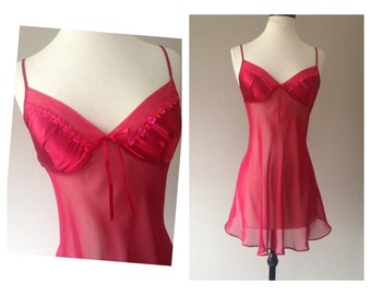 S / Babydoll Nightie Negligee Lingerie / Red Sheer Chiffon with Satin / Small / FREE USA Shipping