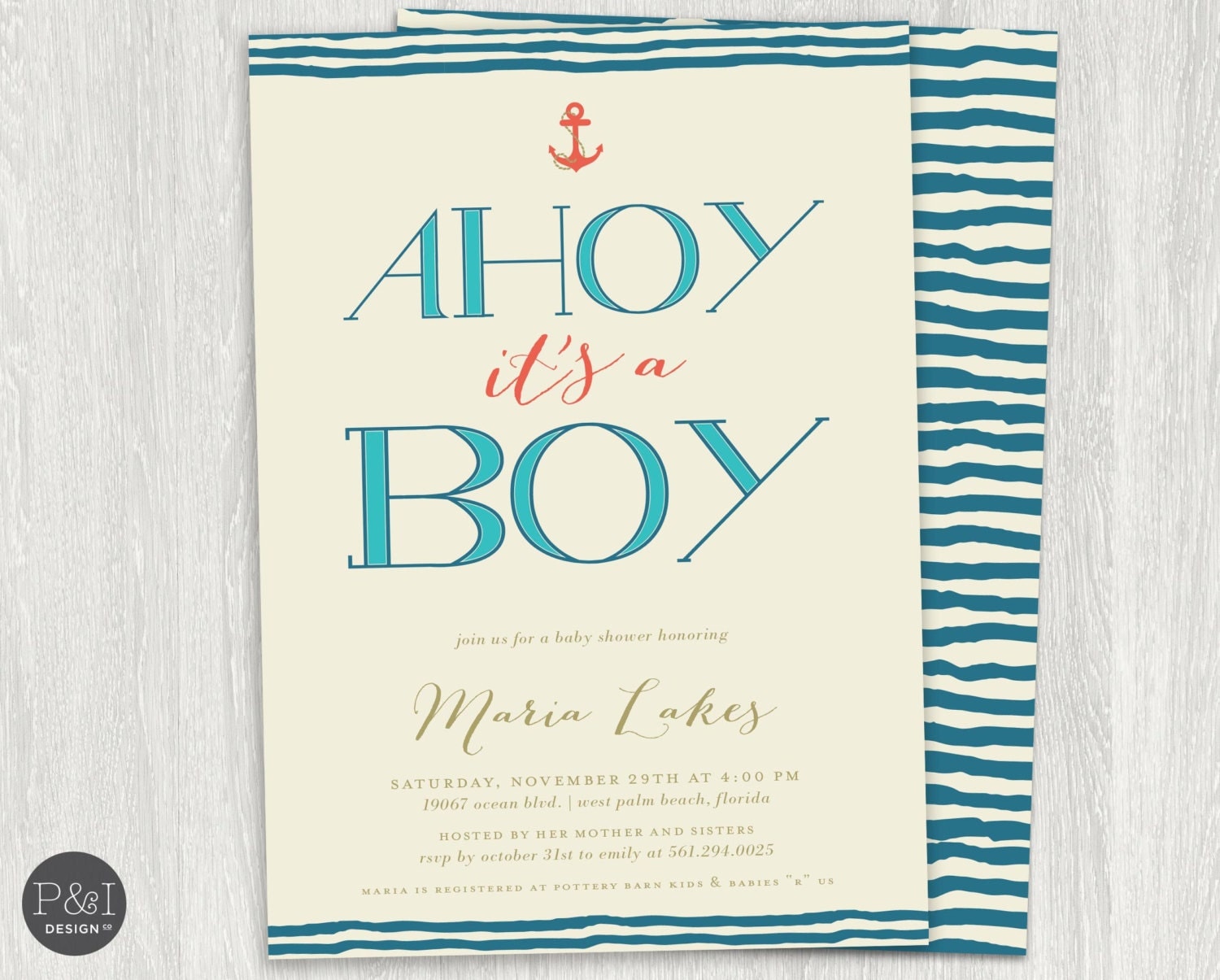 5x7 Nautical Baby Boy Shower Invitations / DIY/ Printable