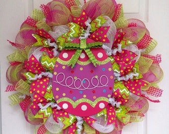 Glittering Green Bow Colorful Easter Egg Deco Mesh Wreath