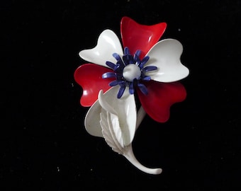 Beautiful Vintage Enamel Blue, Red and White Large Flower Brooch / Pin