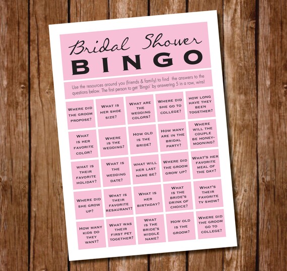 Printable Bridal Shower Party Game Bingo Trivia Bingo