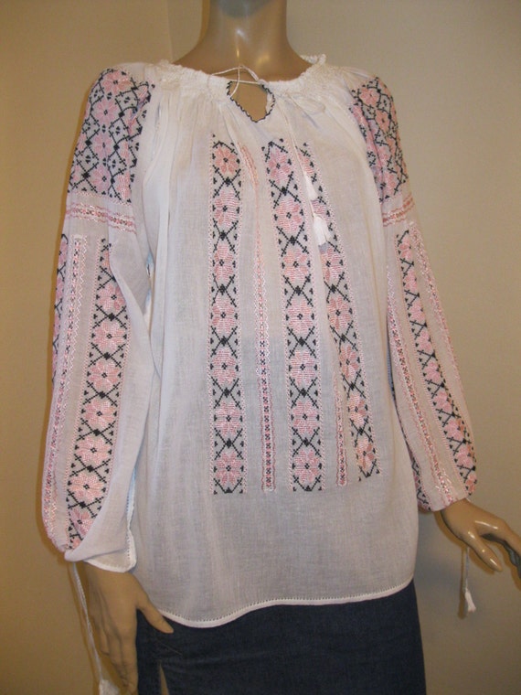 Hand embroidered Romanian peasant blouse pink SILK by RealRomania