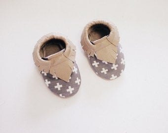 Baby Moccasins- Grey Plus Sign Print & Taupe Leather
