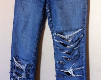 Denim jeans, slashed and ripped jeans, vintage 90s bootcut ripped denim jeans, size 8-10 UK/ Aus
