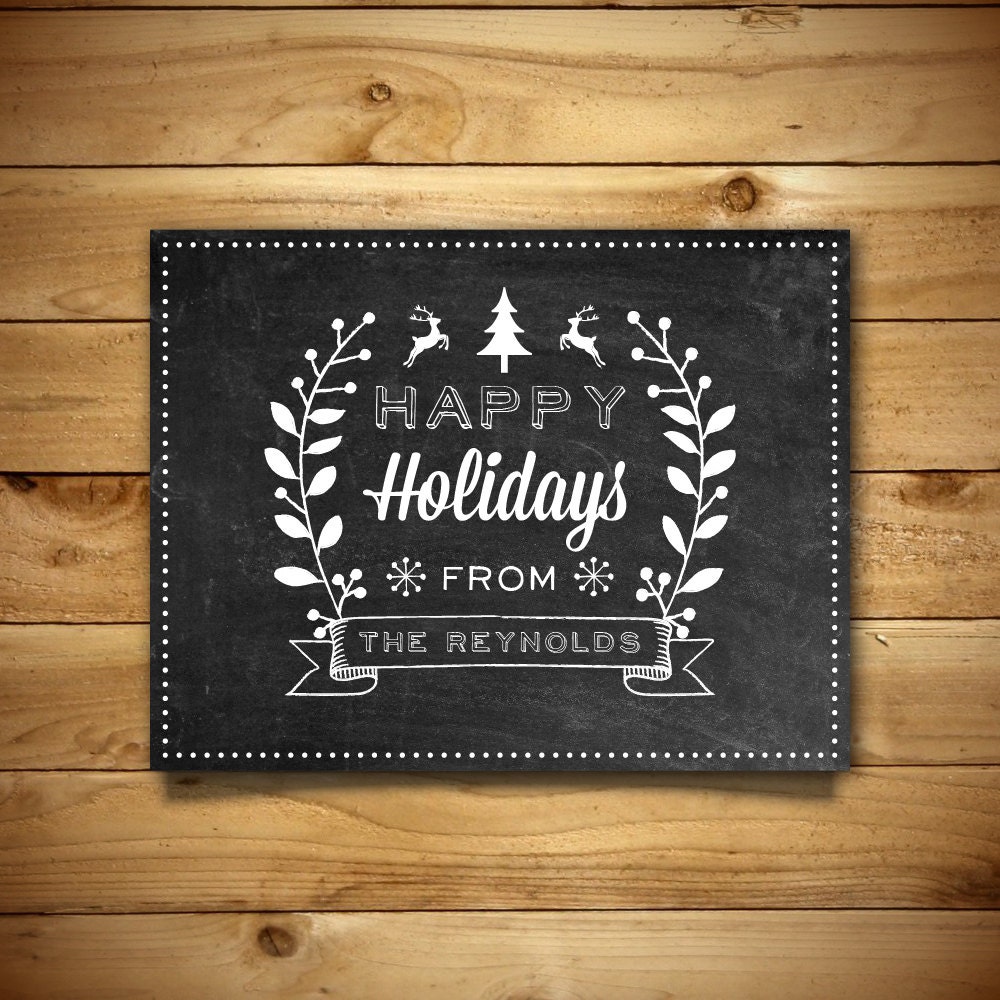 Printable Christmas Card - Chalkboard Holiday Wreath Template - Blank Inside - White and Black - Instant Download - Editable MS Word Doc