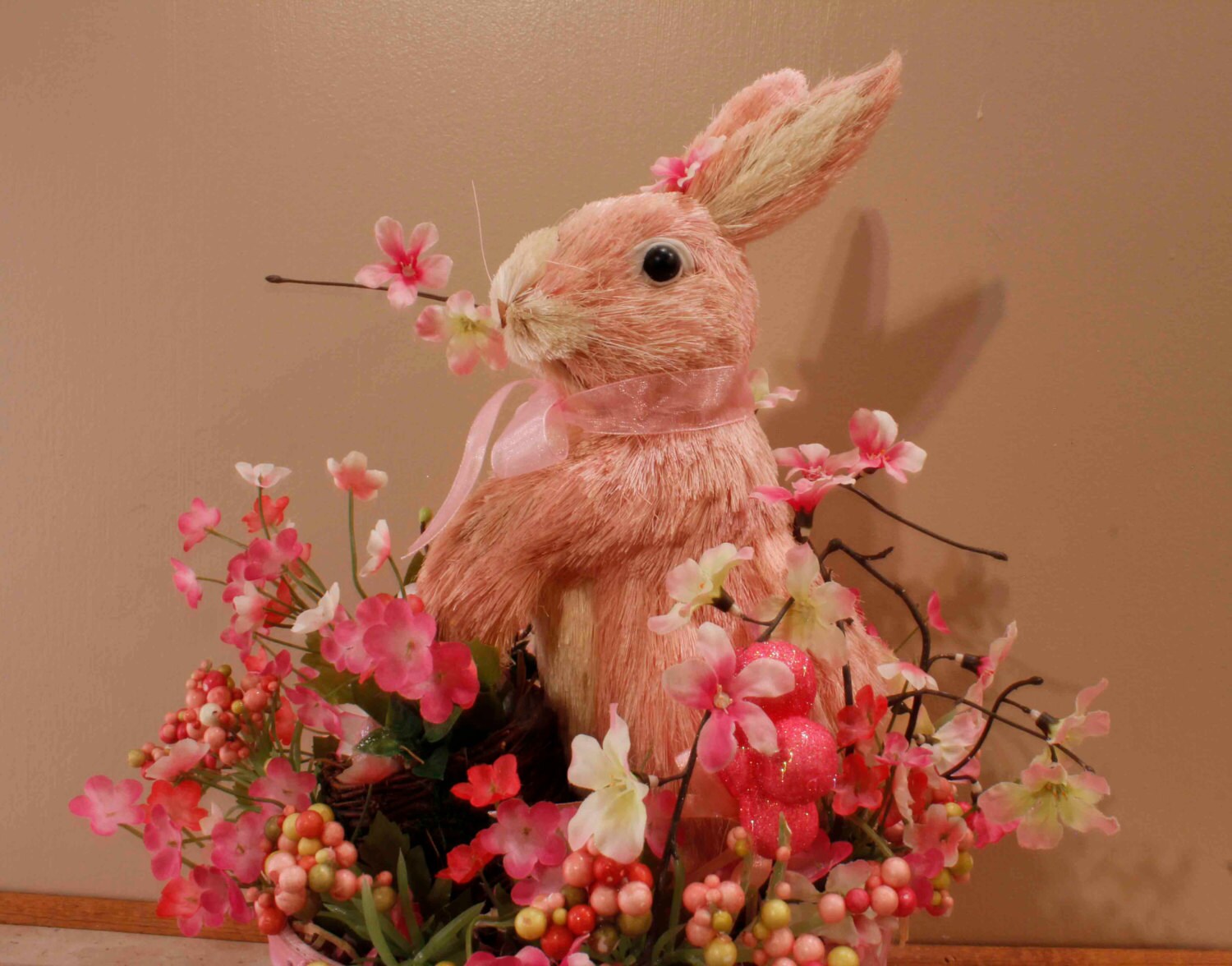 Easter Bunny Large Pink Sisal Bunny Pink Flowers by PamsDeZines
