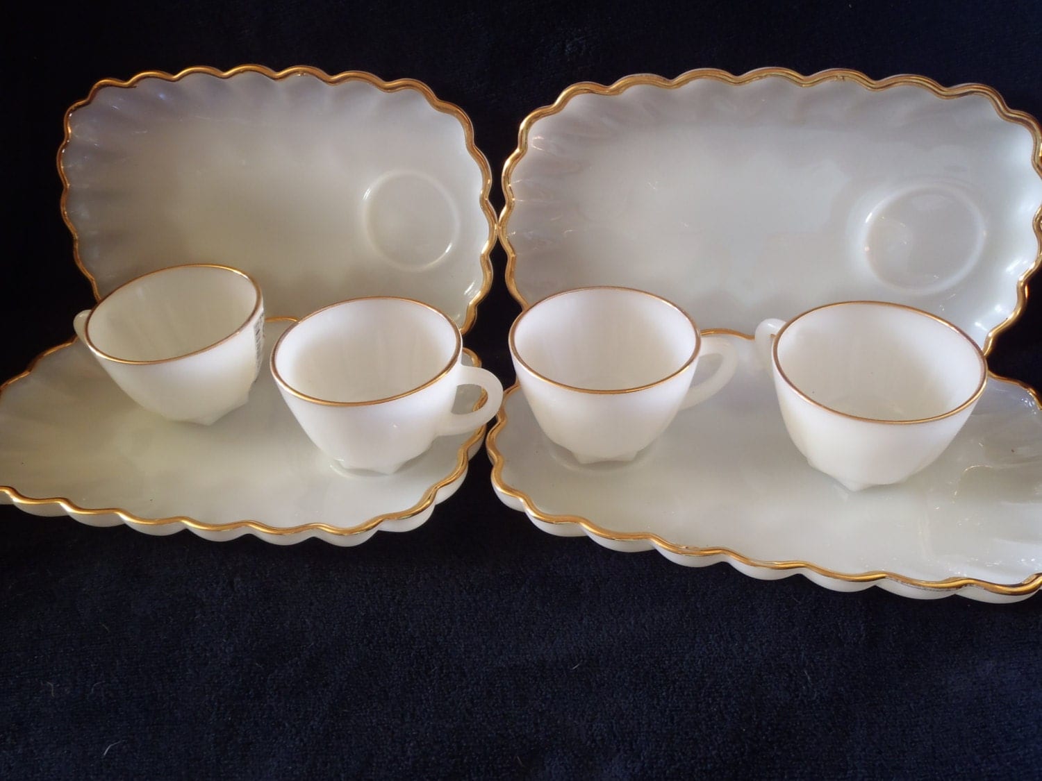 Vintage Snack Set in Milk Glass with Cups Set of 4 Snack Set