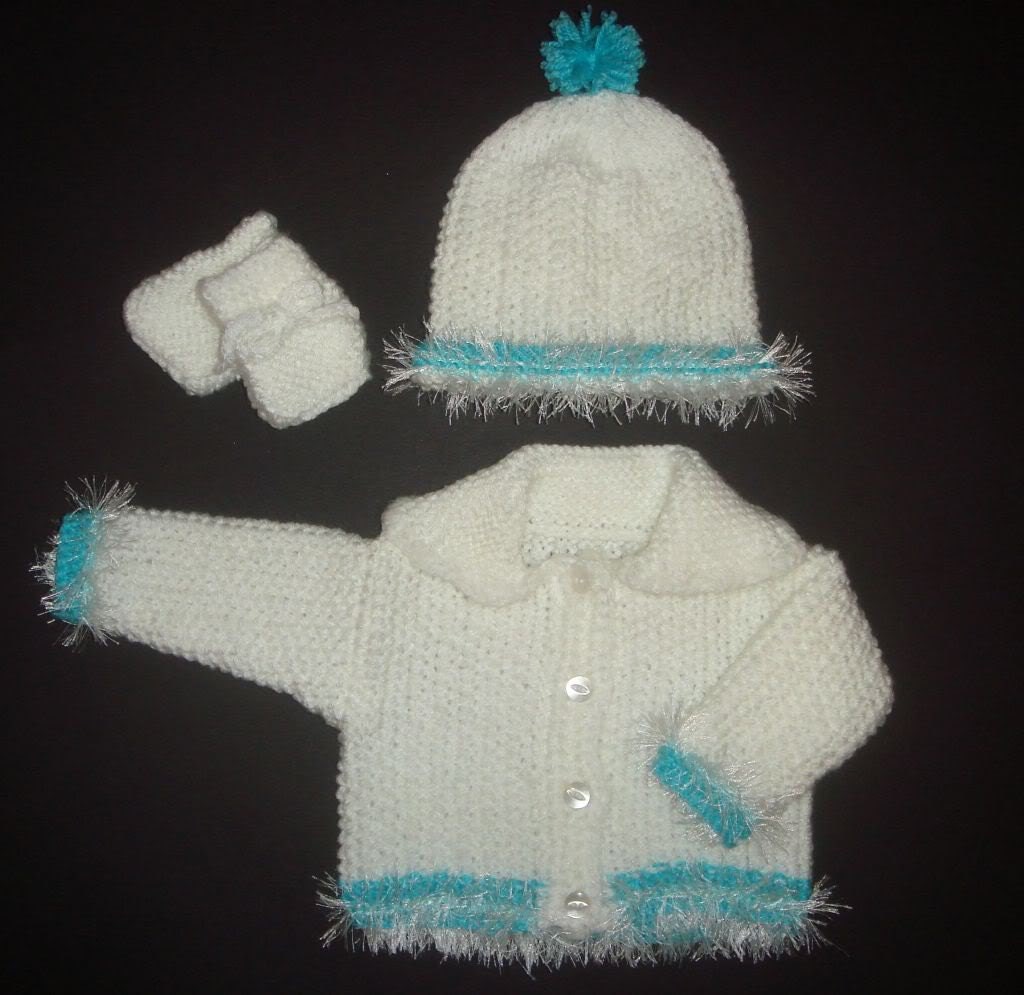 Early Baby Boy Hand Knit Crochet Cardigan Beanie Hat & Mitts