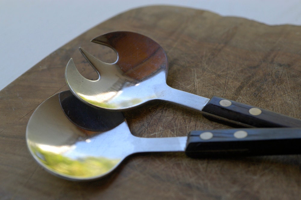Salad server / vintage wood stainless steel fork spoon set NEVCO / mid