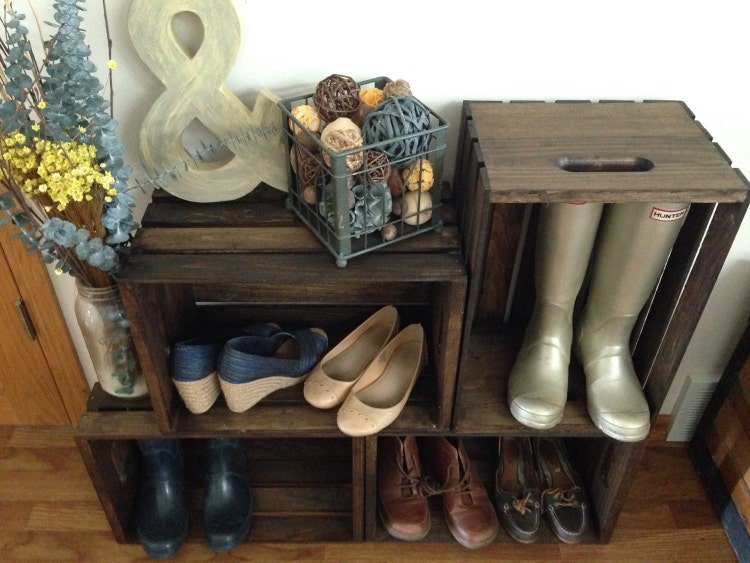Two tiered wood wine crate shoe storage shelf by SugarRiverRestore