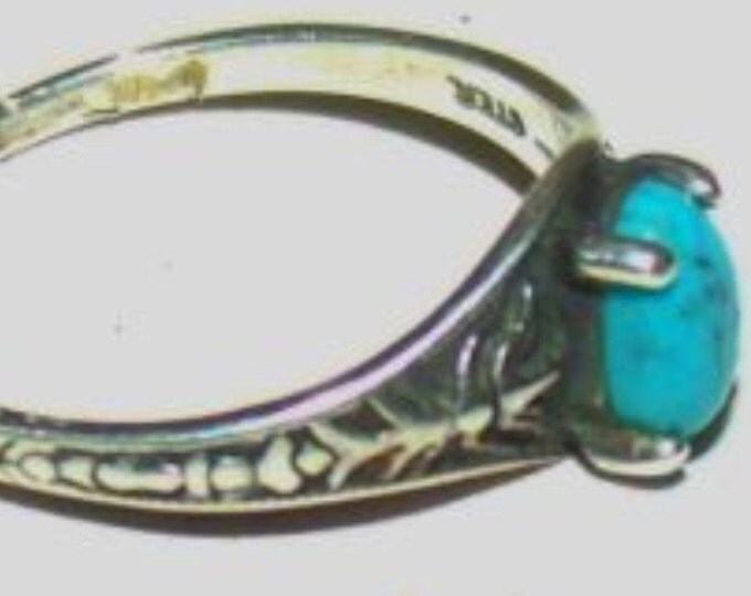 Storewide 25% Off SALE Vintage Southwestern Sterling Silver Turquoise Designer Cocktail Ring Featuring Enscribed Baguette Design