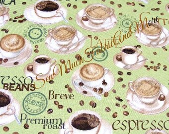 Metro Cafe Fabric~by the 1/2 yd~Robert Kaufman~Coffee~latte~Expresso~Hot Beverages~Mint color