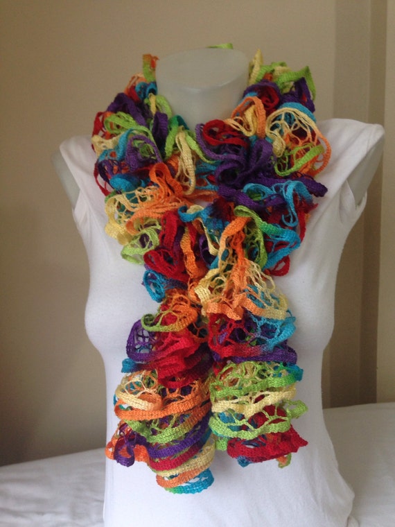 Knitted Scarf in GreenOrangePurpleRed and Blue by Yellowcrochet