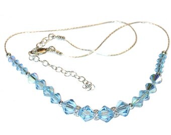AQUAMARINE BLUE Crystal Necklace Sterling Silver Swarovski Elements Handcrafted