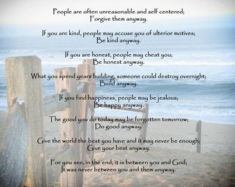 8x10 ocean photograph with Mother Teresa's Do It Anyway Poem
