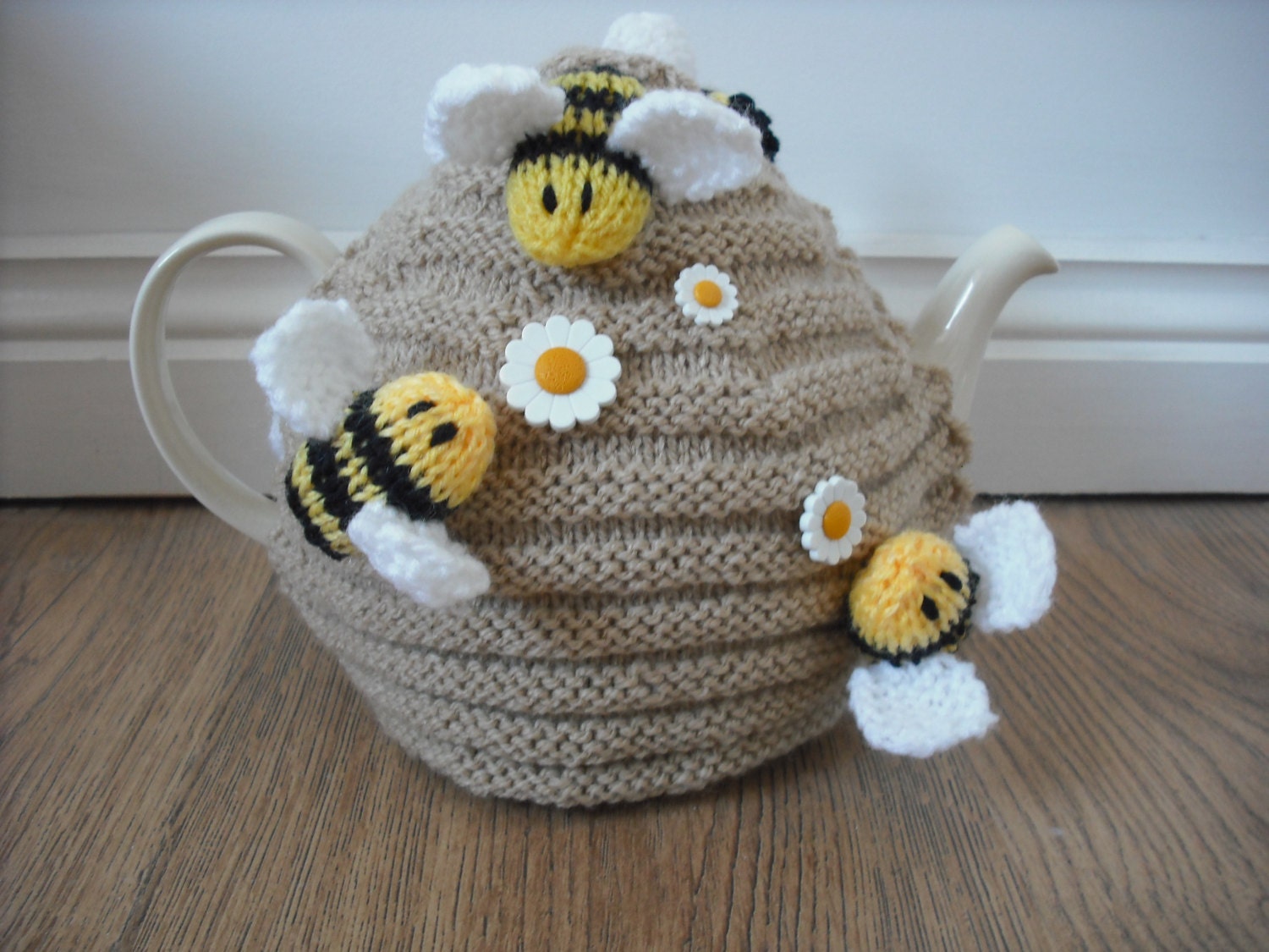 Hand Knitted Bee Hive Tea Cosy with Busy Bees & Flowers.