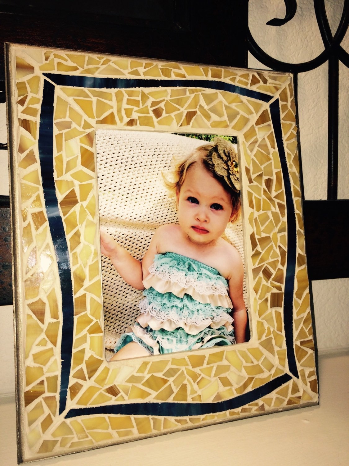 Natural glass Mosaic Frame for 5x7 photo strip is blue