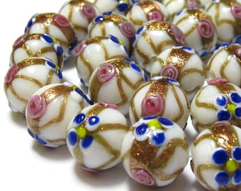 Large weddingcake lampwork glass rondelle white with goldstone 18x16 mm