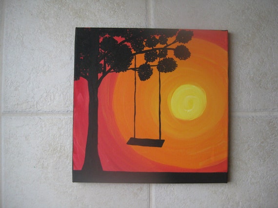 Items similar to 12 x 12 Acrylic Painting of Tree and Swing Silhouette ...