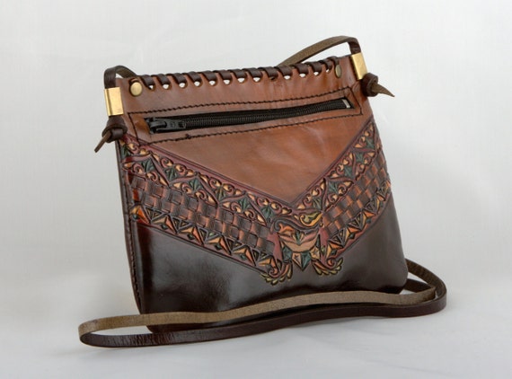 Items similar to Handmade Leather Crossbody Purse, Two Tone Coffee Brown, Engraved and Painted ...