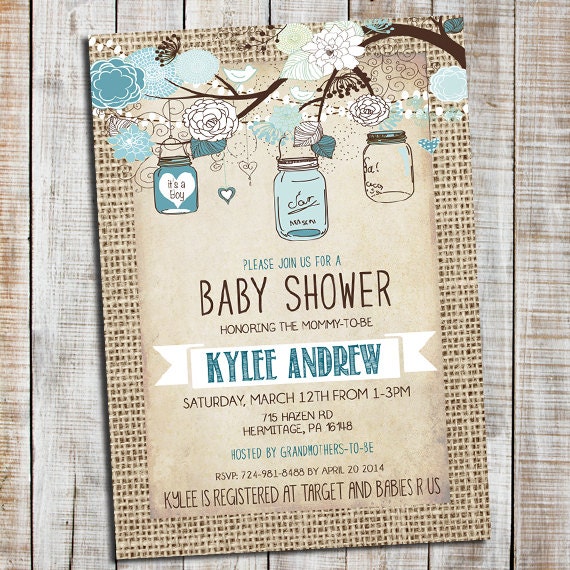 invitations elegant baby shower Chic, Shower Burlap Mason Baby Rustic Jar, Boy Invitation, Shabby Blue