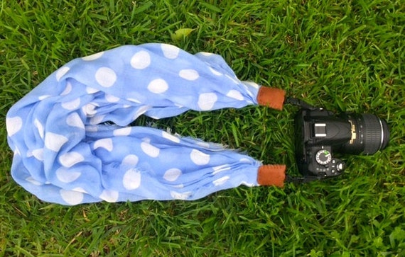 blue polka dot scarf camera strap - for Nikon, Canon, and other DSLR