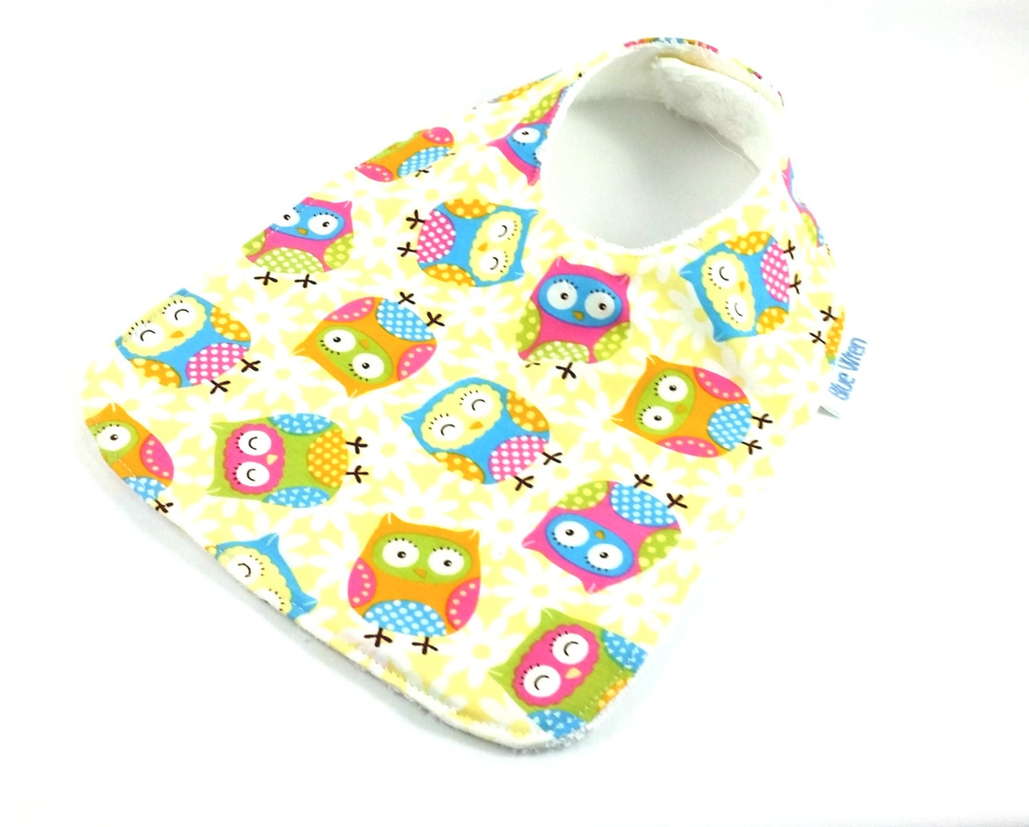 Baby/Infant Bib - Owls on Cotton Fabric, Toweling backed, Snap Fastened, Adjustable.