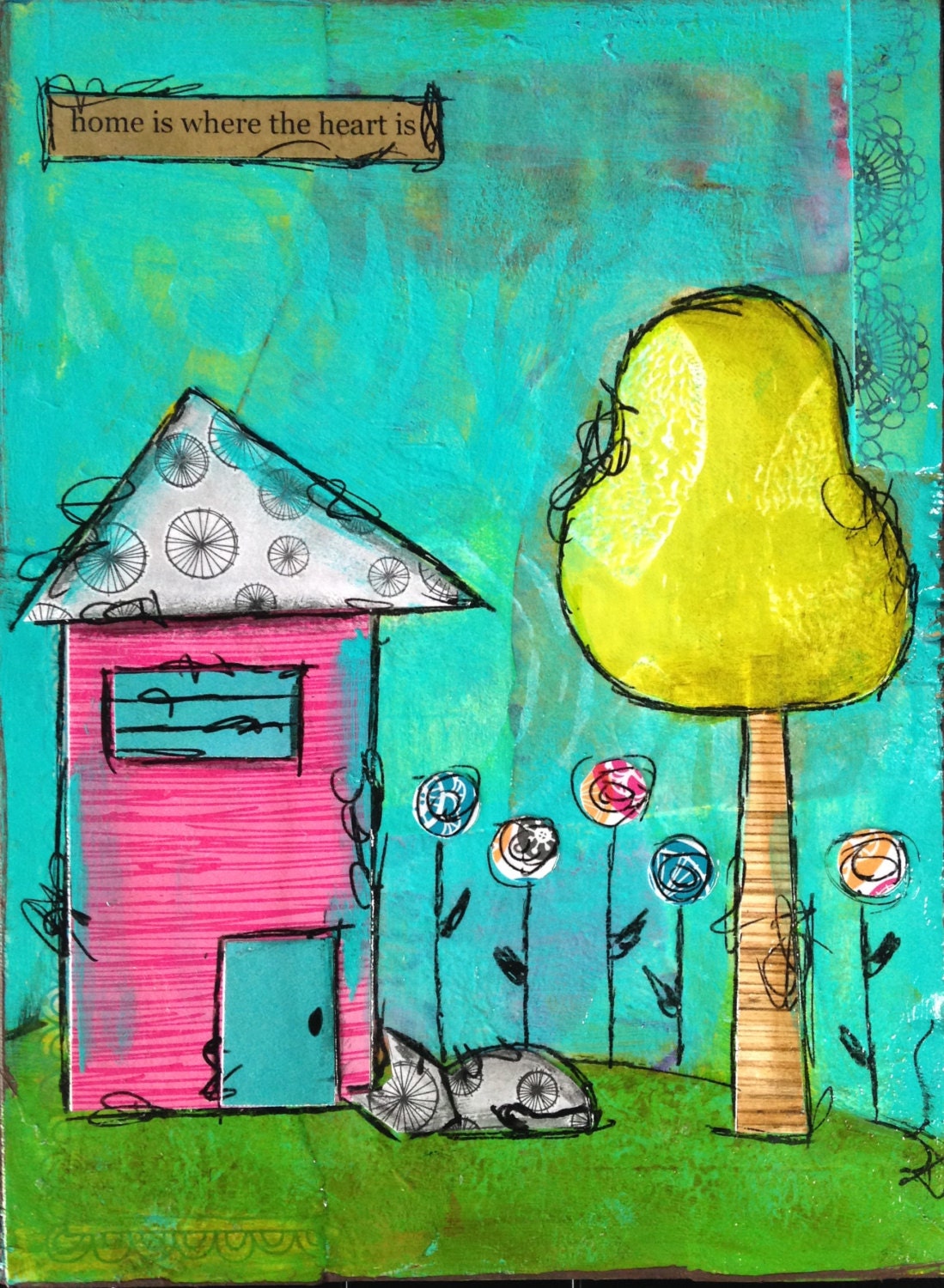 Mixed Media Original Whimsical House Painting on Recycled Wood