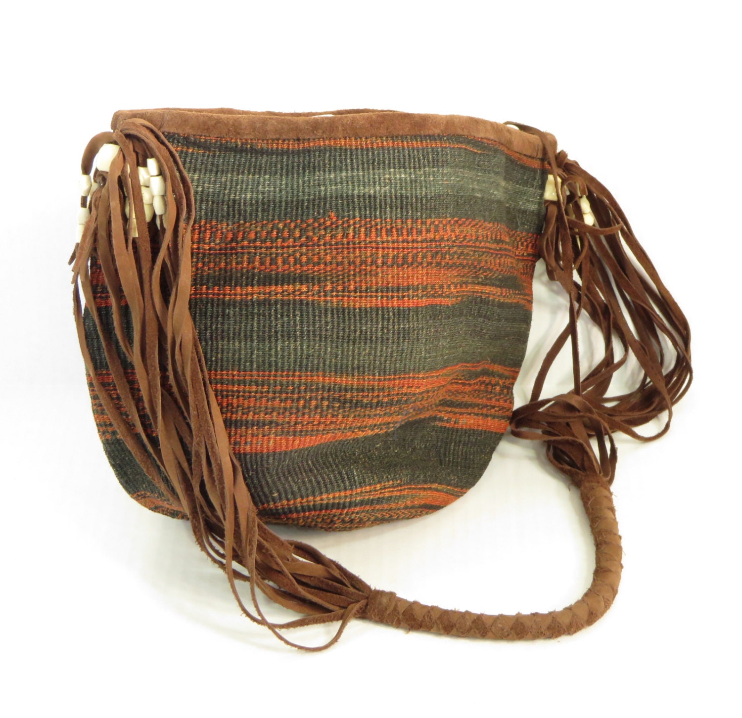 Bohemian African straw bag / purse with leather strap and bone
