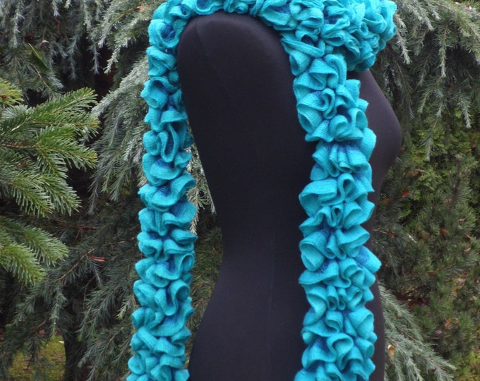 Ruffle scarf, Frilly scarf, Knitted scarf, Blue, green, turquoise scarf, Fashion scarf, Mother's Day gift, Spring Accesories, Clearance sale
